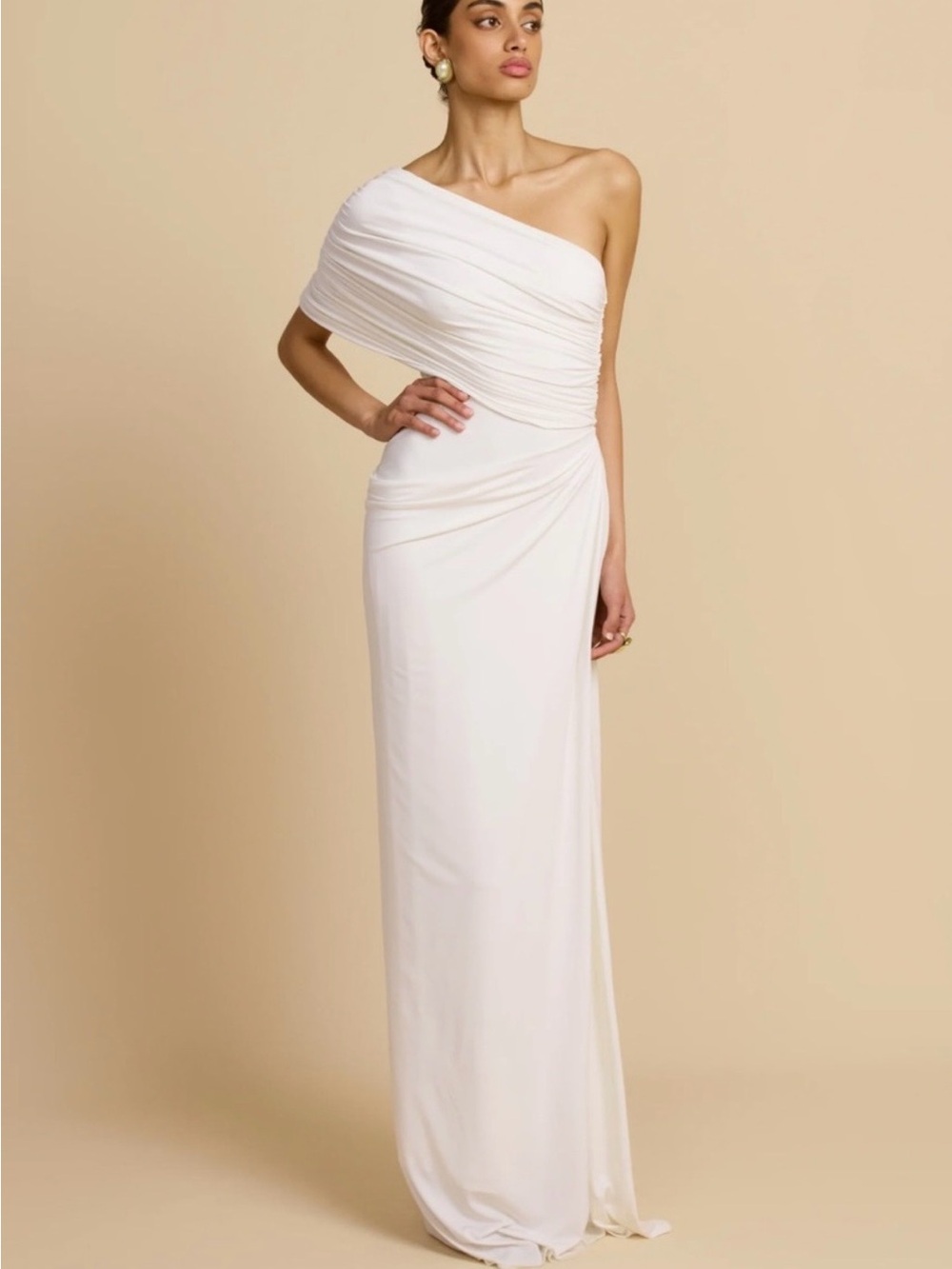 Asymmetric One-Shoulder White Draped Maxi Dress